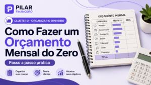 Ilustração de orçamento mensal — planilha e gráfico de categorias de gastos, identidade visual