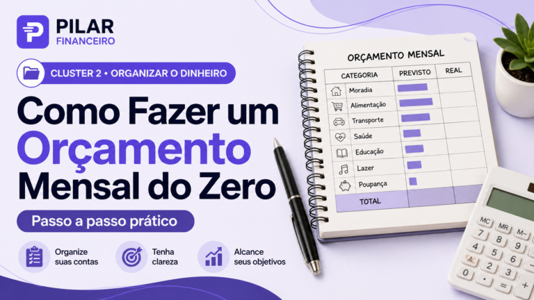 Ilustração de orçamento mensal — planilha e gráfico de categorias de gastos, identidade visual