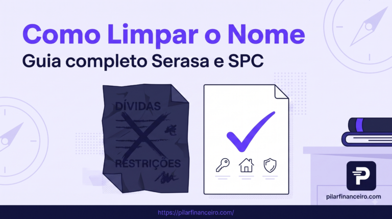 Ilustração de nome limpo — documento com checkmark, identidade visual Pilar Financeiro