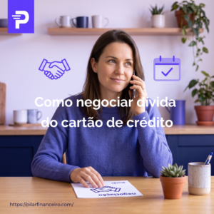 Pessoa negociando dívida do cartão de crédito pelo telefone com o banco, ilustração nas cores do Pilar Financeiro