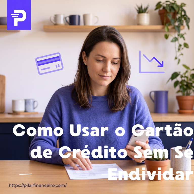 Pessoa organizando fatura do cartão de crédito e planejando os gastos do mês, ilustração nas cores do Pilar Financeiro